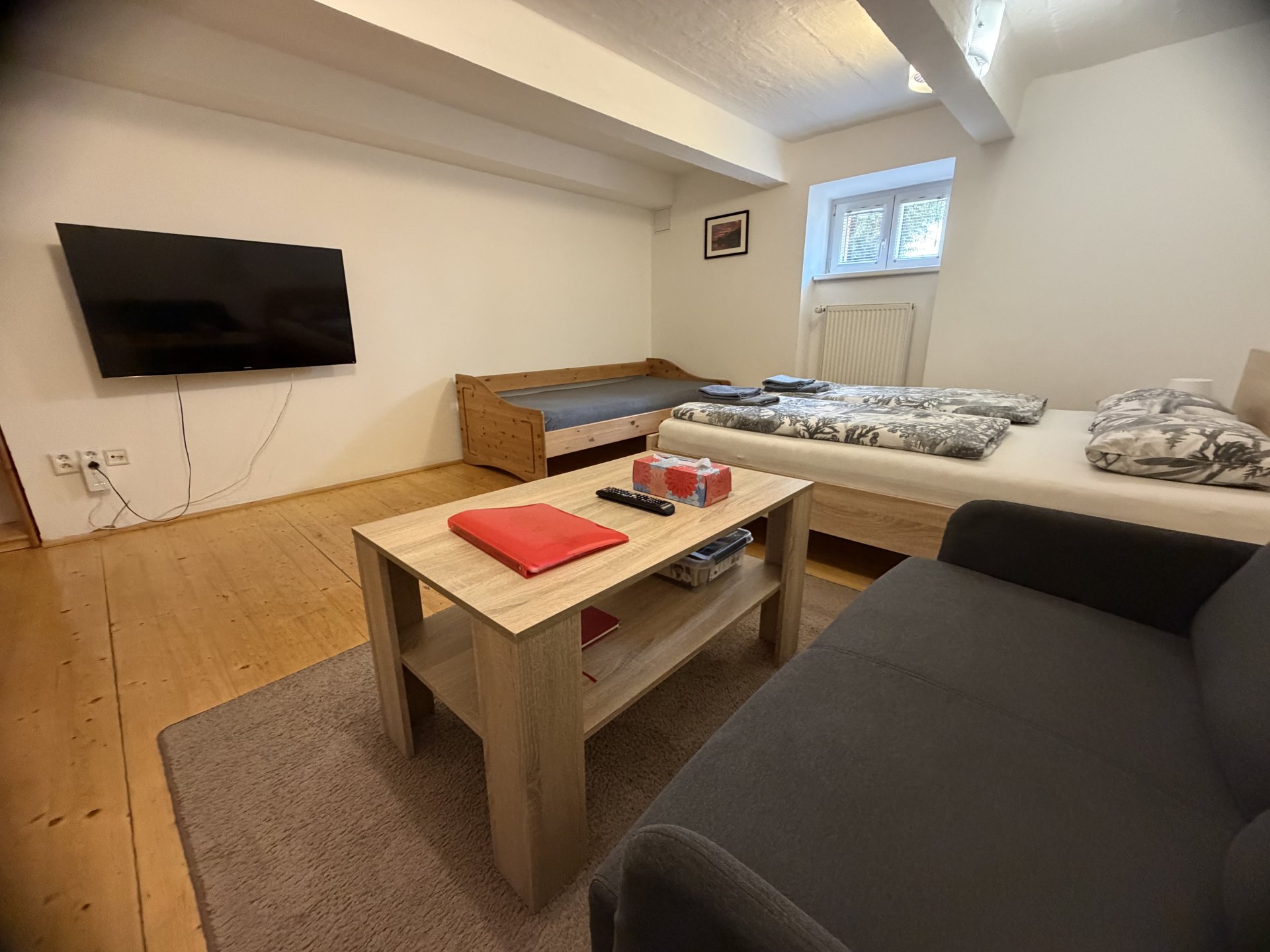 Apartmán v suterénu — pohled do obývacího pokoje